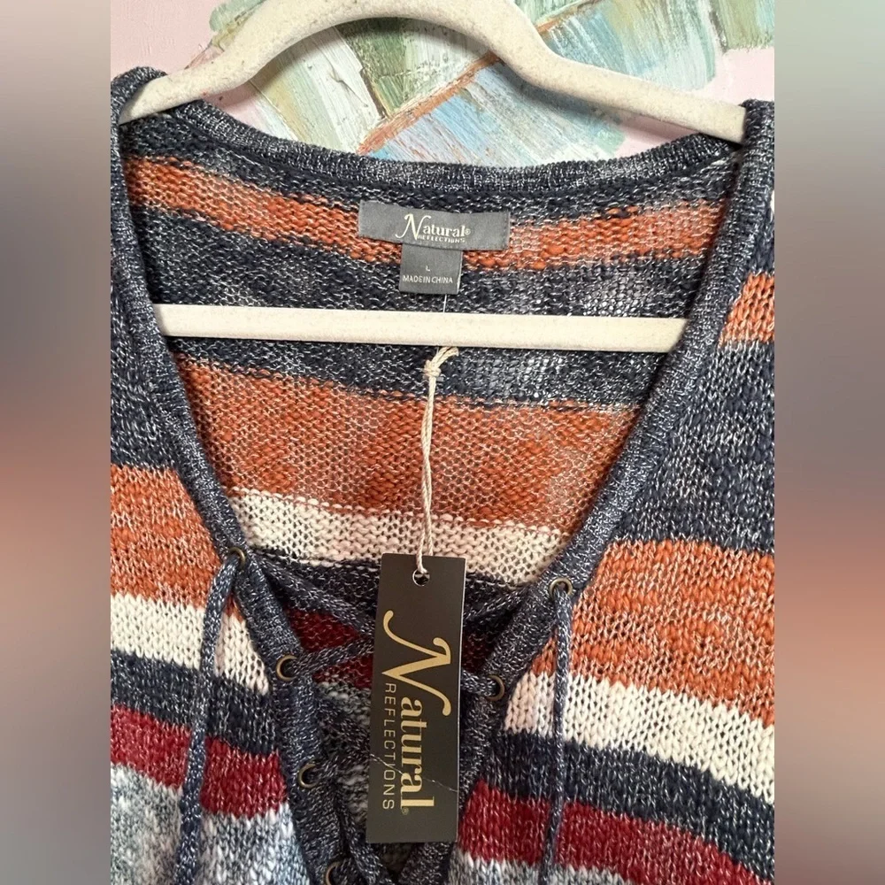 Natural Reflections NWT Lace Up Sweater Striped Knit Pullover Cozy Fall cabin L